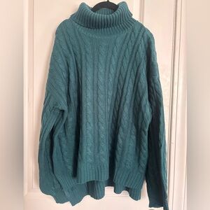 Teal Turtleneck High Low Cableknit Sweater-2XL